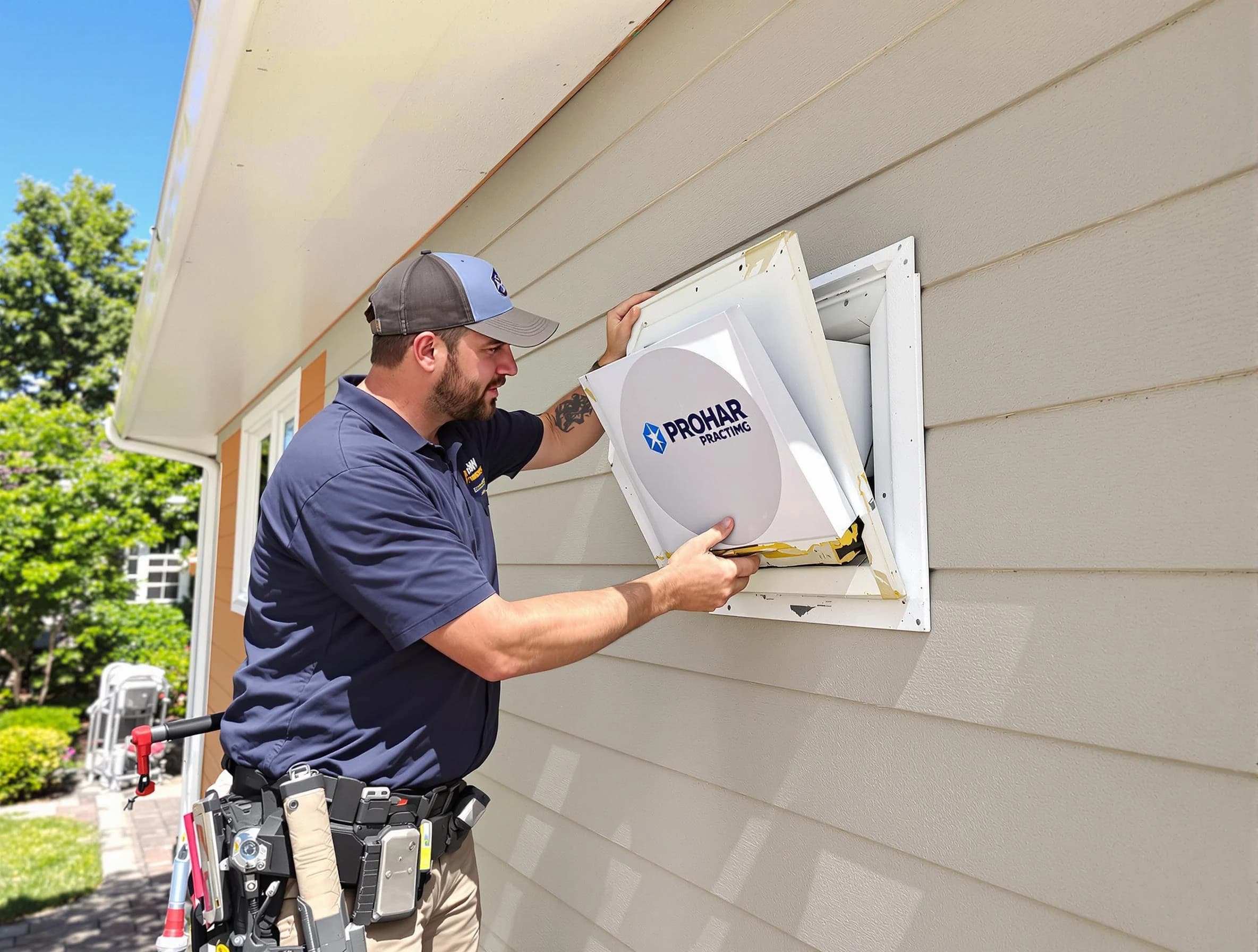 Millersville Dryer Vent Cleaning technician installing a new protective dryer vent cover on a home in Millersville