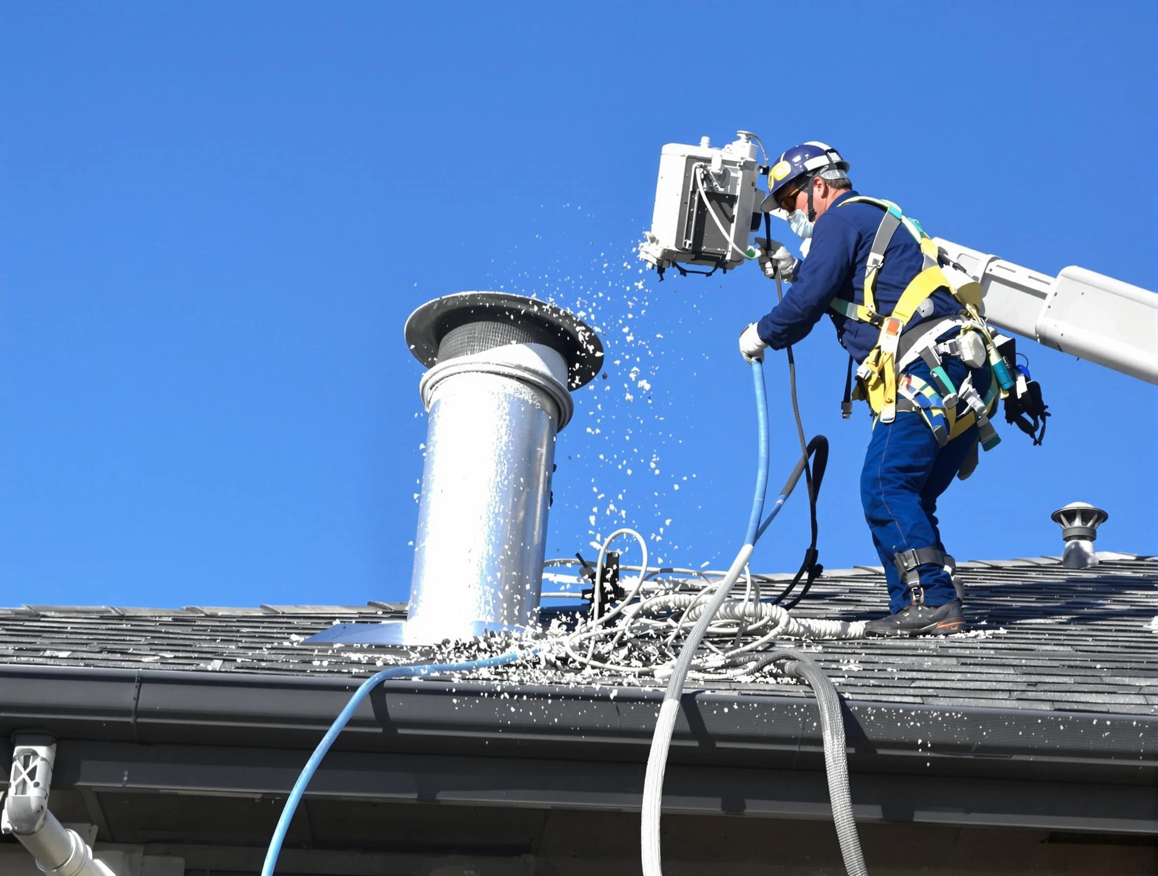 Millersville Dryer Vent Cleaning certified technician safely cleaning a roof-mounted dryer vent in Millersville